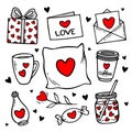 Love doodles elements. Cute hand drawn set of icons with gift, hearts, letter, cups, gifts, potion. Vector illustration. Valentine